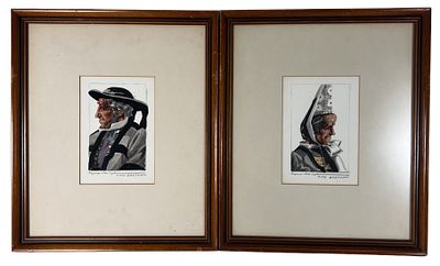 Pierre Jaillet French Breton Portrait Watercolors. Pair of watercolor paintings on paper by 