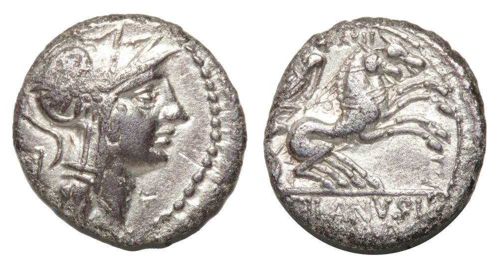 Lot 2: Republican Denarius. D. Silanus L. f, 91 BC....