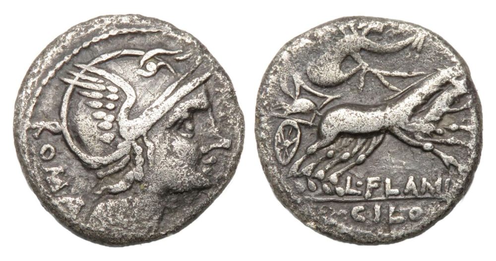 Lot 3: Republican Denarius. L. Flaminius Chilo, 109-108 BC. Silver,...