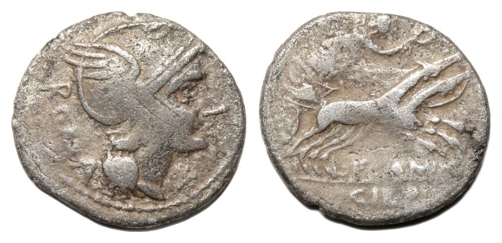 Lot 7: Roman Republican Denarius. L. Flaminius Cilo, 109/108 BC....