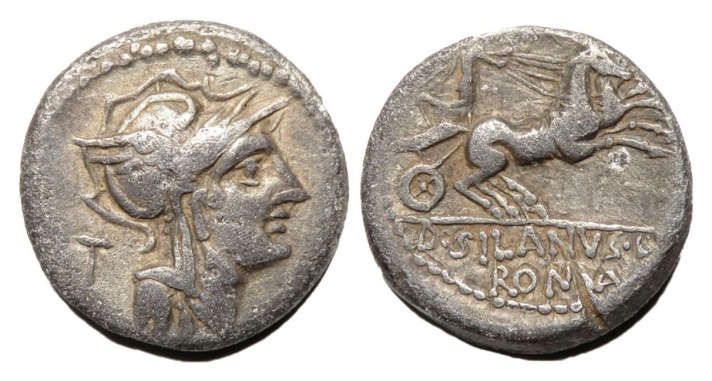 Lot 8: Republican Denarius. D. Silanus L.f. 91 BC. Silver,...