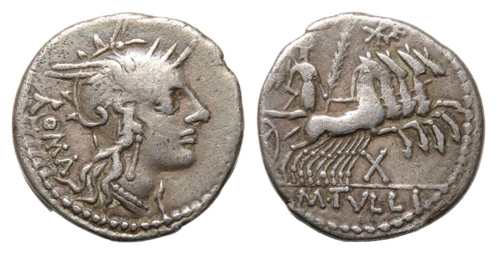 Lot 14: Republican Denarius, M. Tullius. 120 BC. Silver, 3.71g....