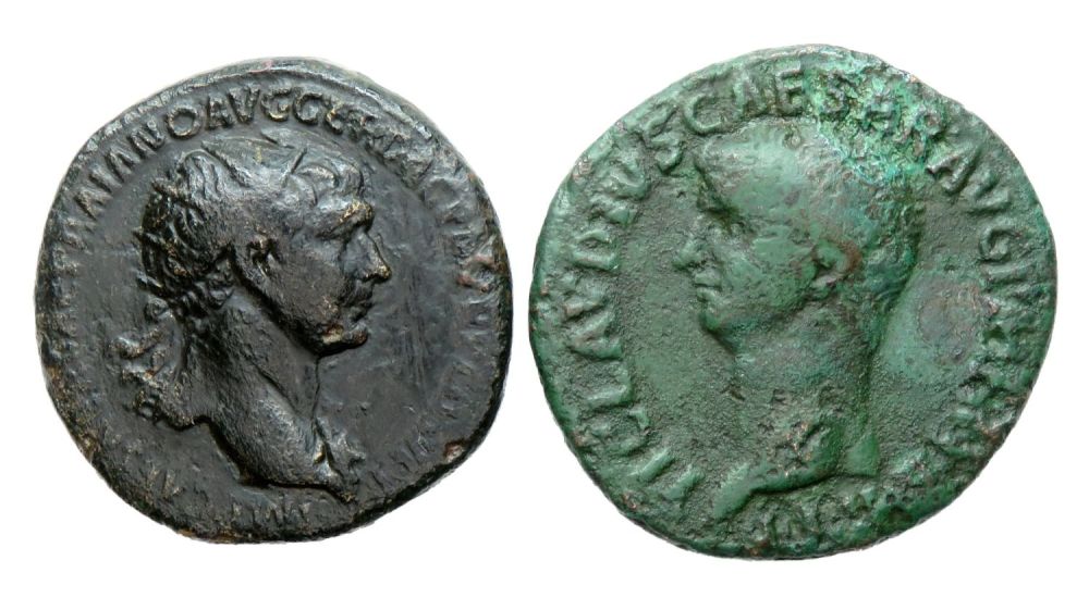 Lot 22: Claudius As and Trajan Dupondius. Copper, 29mm, 10.17g...
