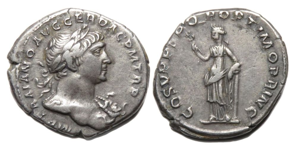 Lot 49: Trajan Denarius. Rome, AD 109. Silver, 3.18 g,...