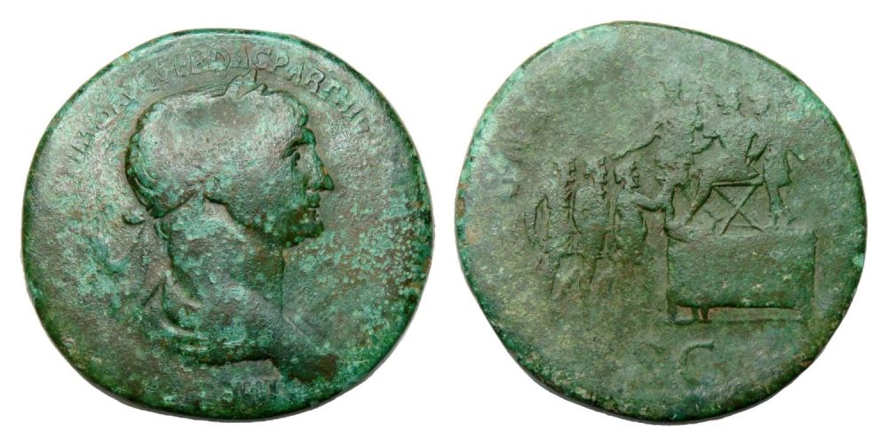 Lot 50: Trajan Sestertius. Rome, AD 115. Brass, 34.89 mm...