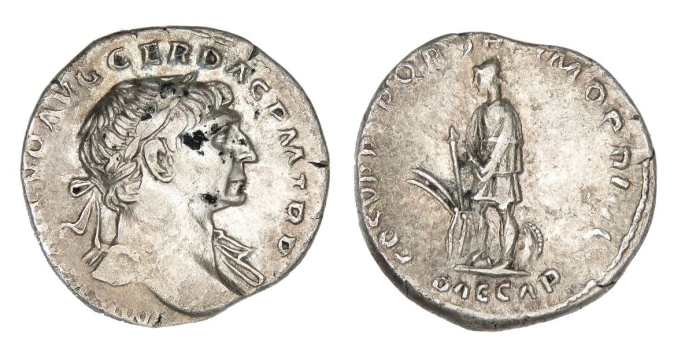 Lot 51: Trajan Denarius. Rome, AD 109. Silver, 19mm, 3.2g....