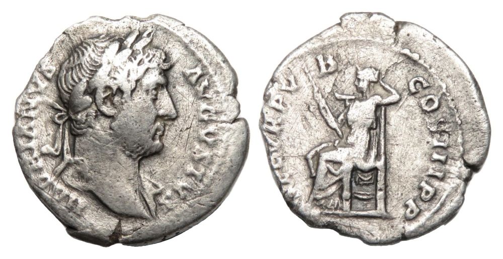 Lot 62: Hadrian Denarius. Silver, 2.31g. 19.02 mm. Laureate bust...