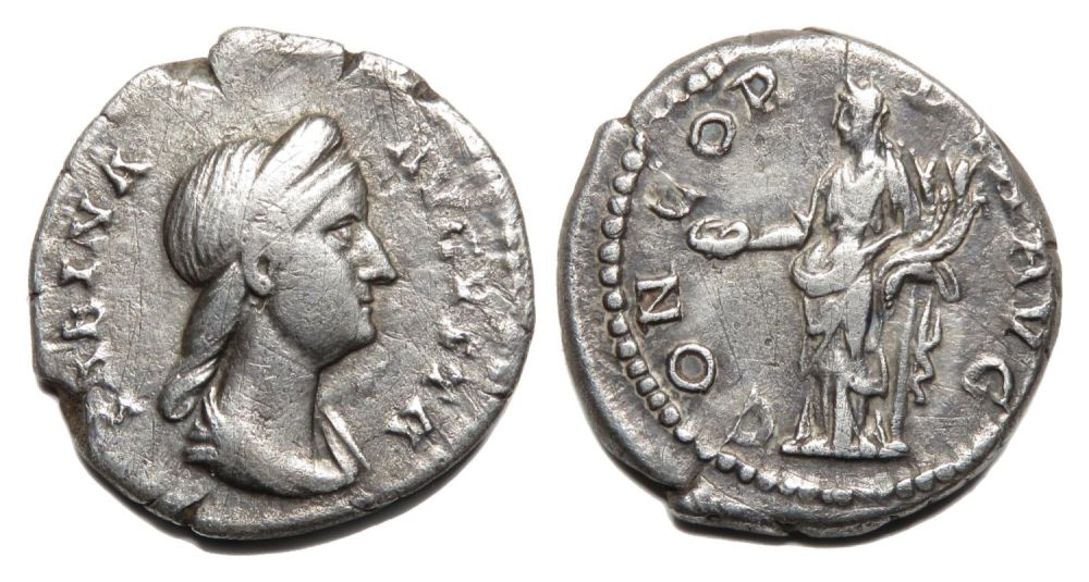 Lot 68: Sabina Denarius. Rome, AD 136. Silver, 2.63g. 17.48...
