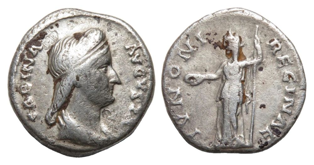 Lot 69: Sabina Denarius. Rome, AD 134. Silver, 2.71g. 16.82...