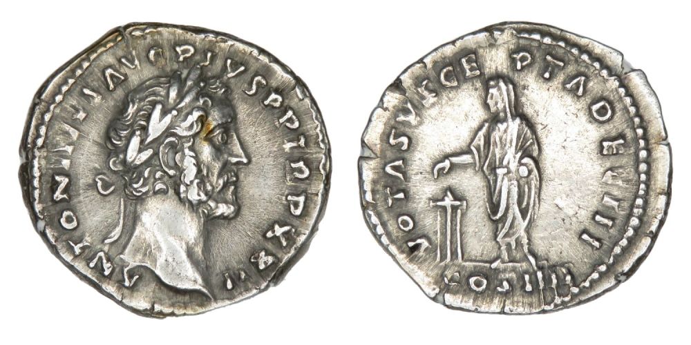 Lot 74: Antoninus Pius Denarius. Rome, AD 158-9. Silver, 19mm,...