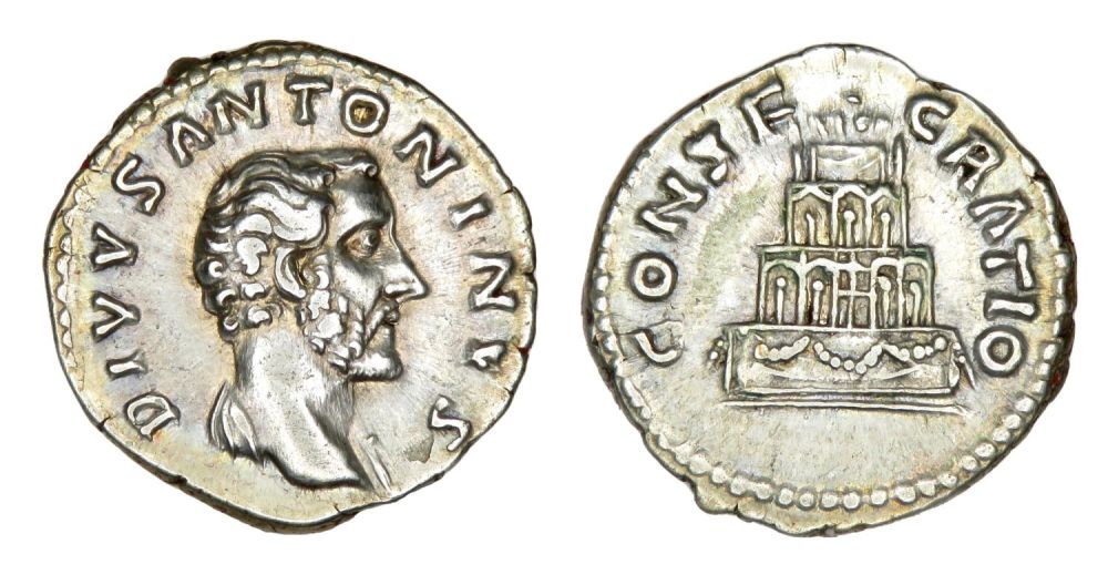 Lot 75: Divus Antoninus Pius Denarius. Rome, AD 161. Silver,...