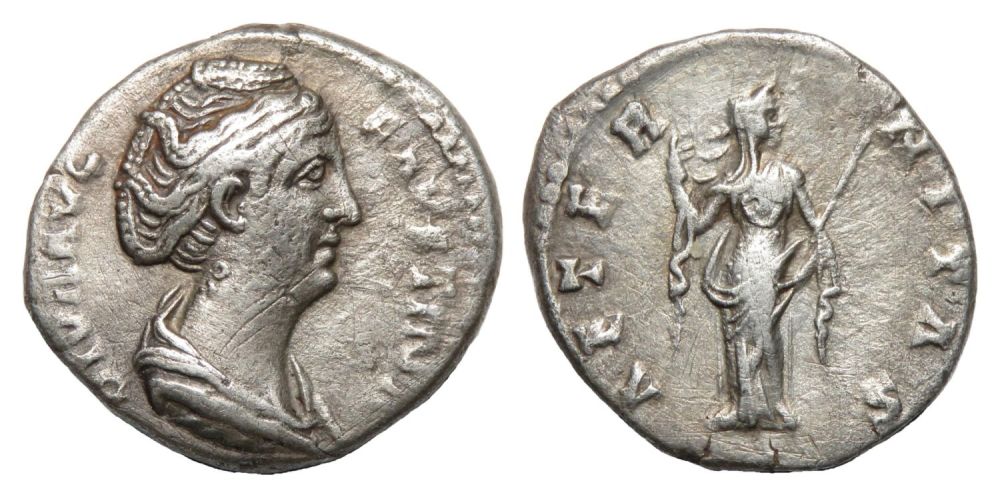 Lot 85: Faustina Denarius. Rome, AD 145. Silver, 2.68g. 17.68...