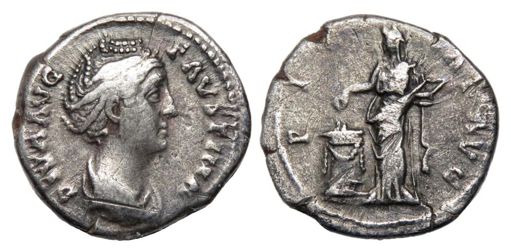 Lot 86: Faustina Denarius. Rome, AD 145. Silver, 2.60g. 17.56...