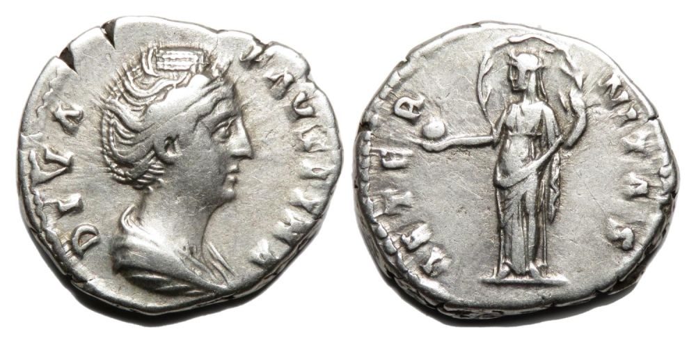 Lot 88: Faustina Denarius. Rome, after AD 147. Silver, 3.54g....