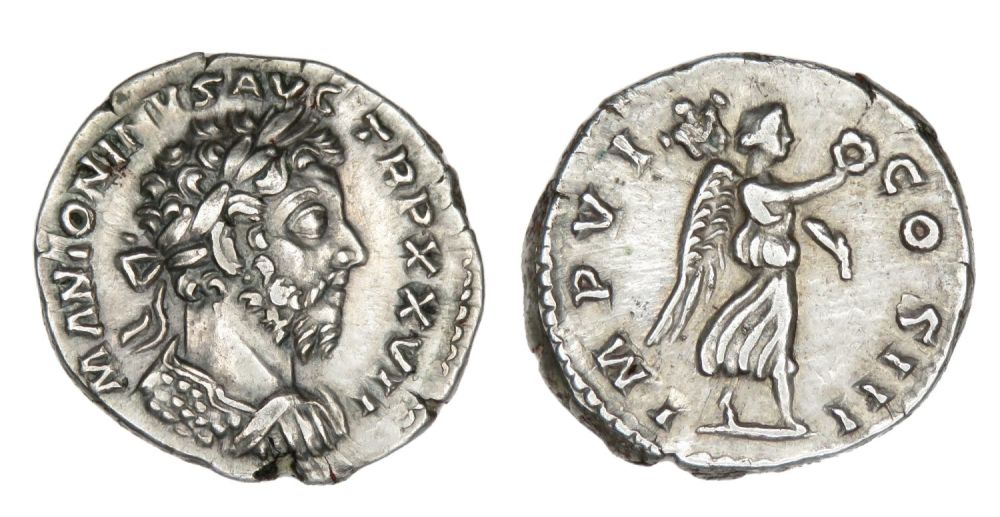 Lot 92: Marcus Aurelius Denarius. Rome, AD 173. Silver, 19mm,...