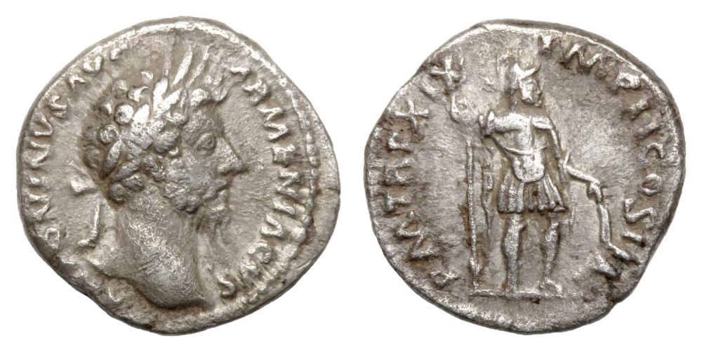 Lot 96: Marcus Aurelius Denarius. Rome, AD 164-5. Silver, 2.93g....