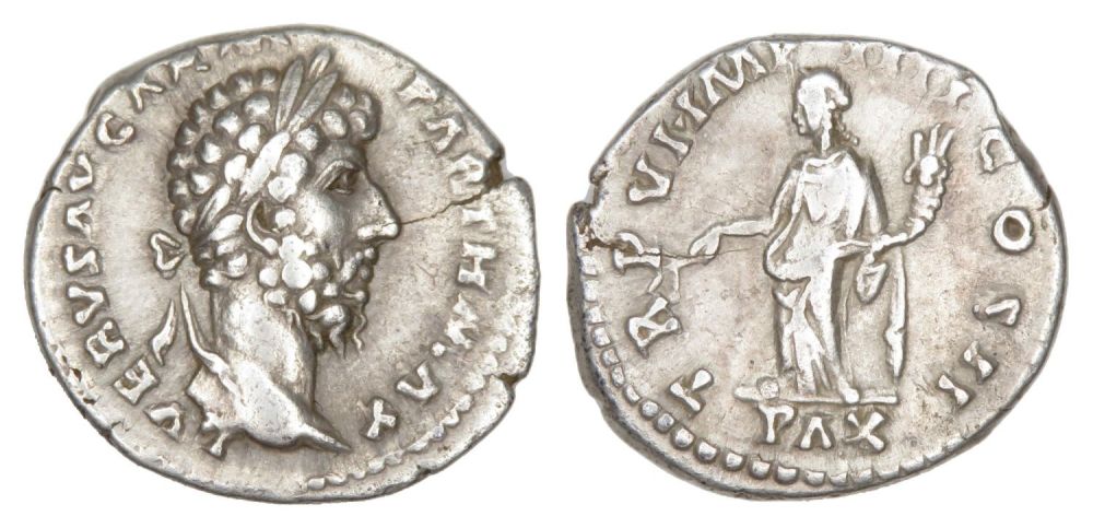 Lot 102: Lucius Verus Denarius. Rome, AD 166. Silver, 18.20mm...