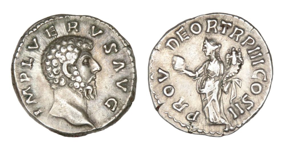 Lot 104: Lucius Verus Denarius. Rome, AD 163. Silver, 19mm,...