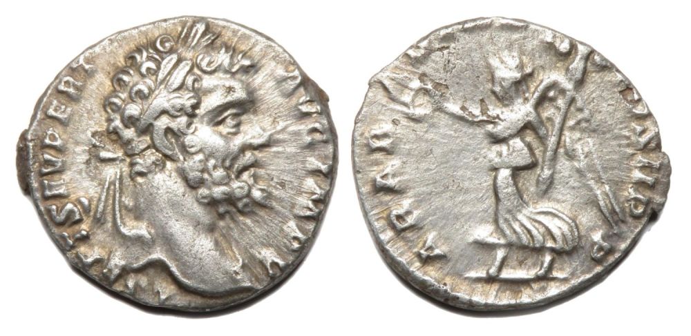 Lot 121: Septimius Severus Denarius. Rome, AD 196. Silver, 2.08g....