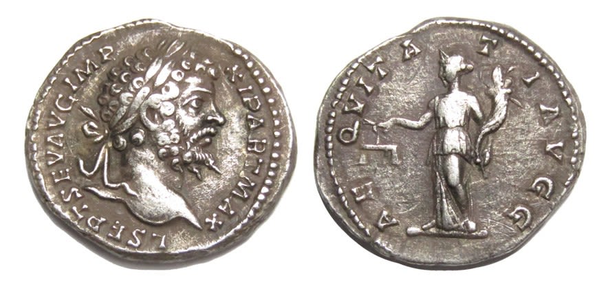 Lot 129: Septimius Severus Denarius. Laodicae, AD 199. Silver, 2.27g....