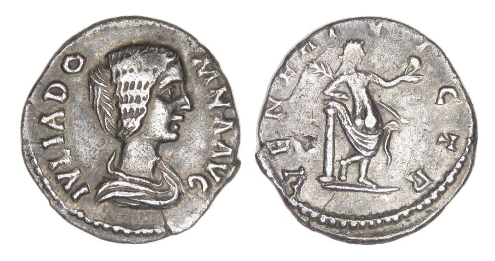 Lot 131: Julia Domna. Denarius, silver. 18.05 mm 1.91g. Draped...