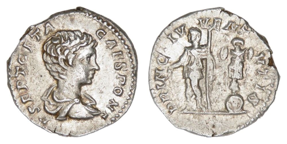 Lot 144: Geta Denarius. Rome, AD 200. Silver, 18.04 mm...