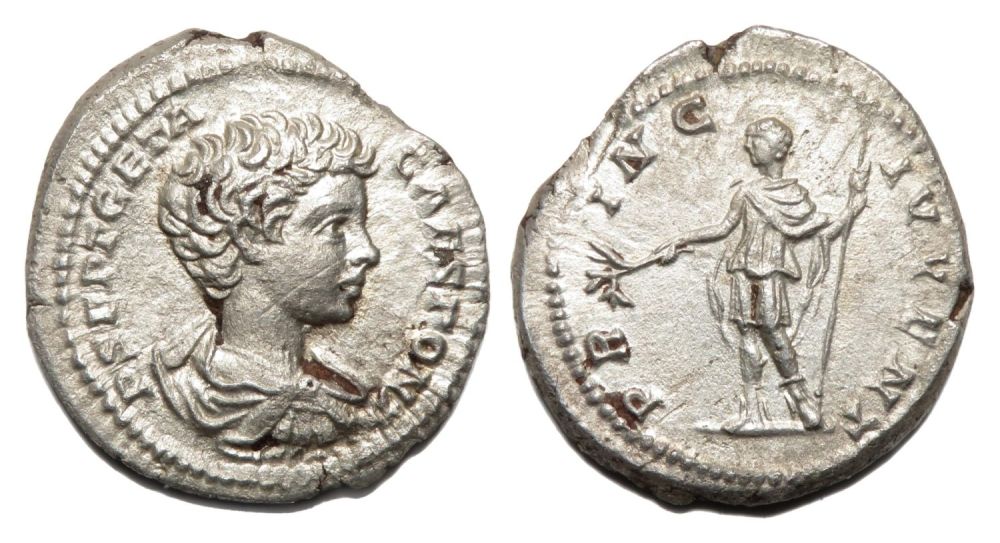 Lot 148: Geta Denarius. Rome, AD 201. Silver, 2.59g. 19.49...