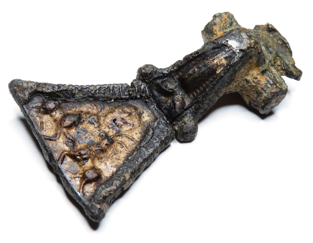 Lot 1020: Roman pewter Aesica brooch. Circa 1st century AD....