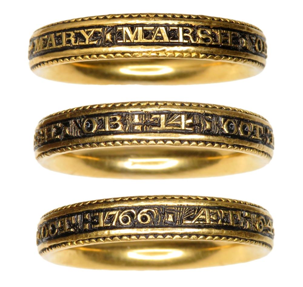 Lot 1096: 18th Century Mourning Ring. Gold, 5.46g. 21.41 mm....