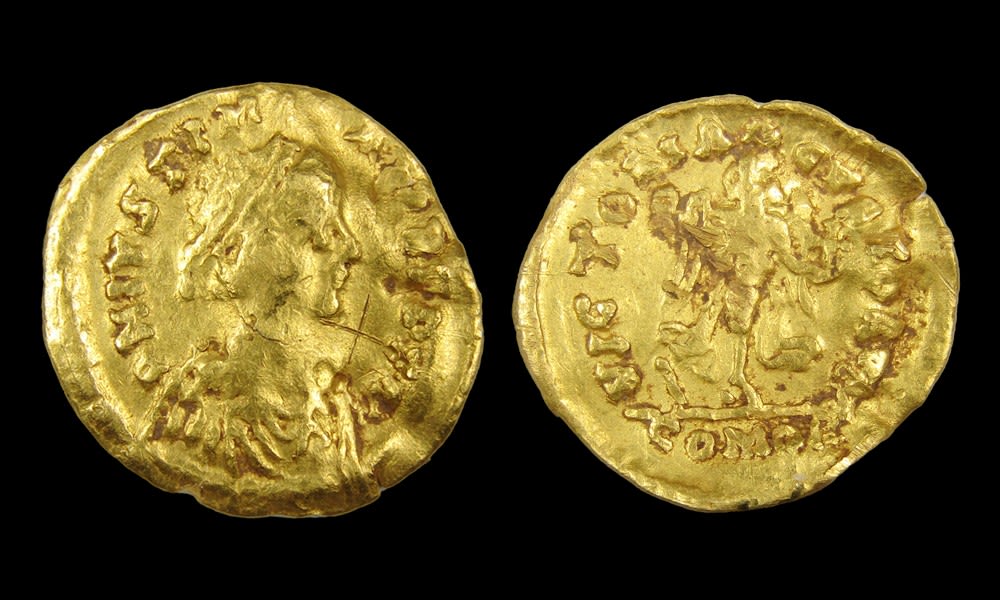 Lot 1152: Visigothic pseudo-imperial tremissis. Circa 6th century AD. Gold,...