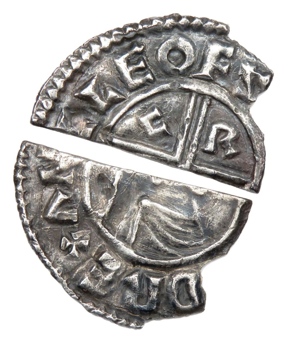 Lot 1171: Aethelred II CRUX type cut halfpenny, chipped. Moneyer...