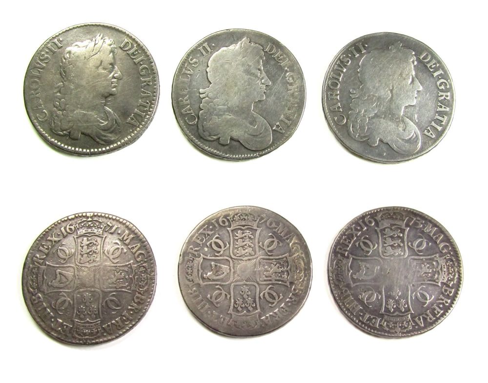 Lot 1256: Charles II Crowns (3). Third draped bust right,...