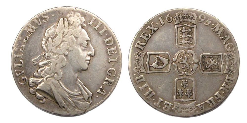 Lot 1257: William III Crown. 1695. Octavo edge year. Silver, 29.77g....