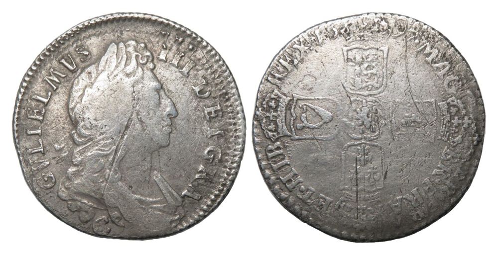 Lot 1261: William III Shilling, Chester. 6.04g. 26.41 mm. Laureate...