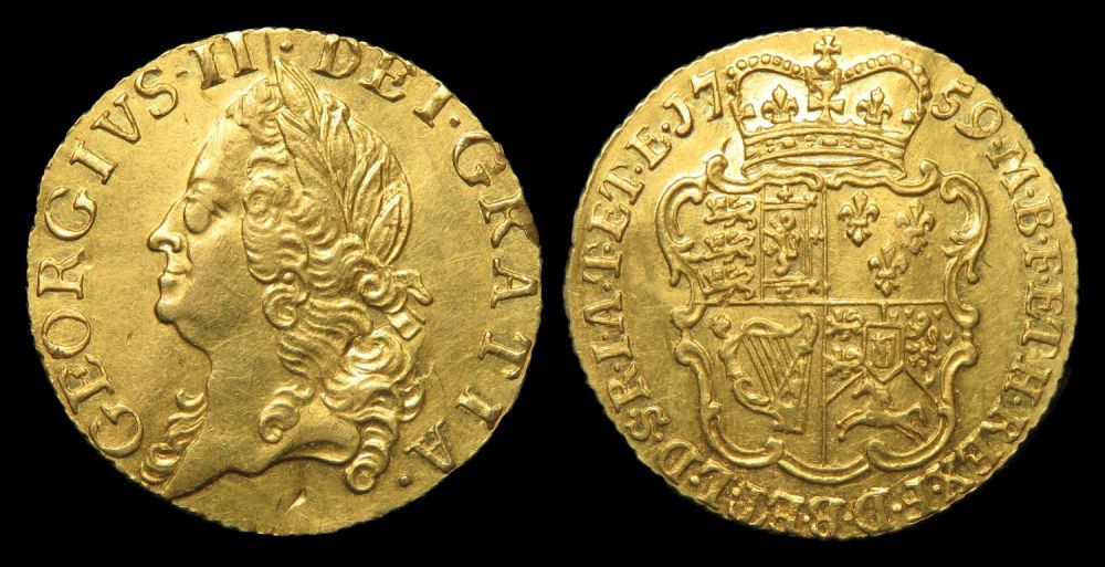 Lot 1263: George II half guinea, 1759. Obverse: old laureate head...