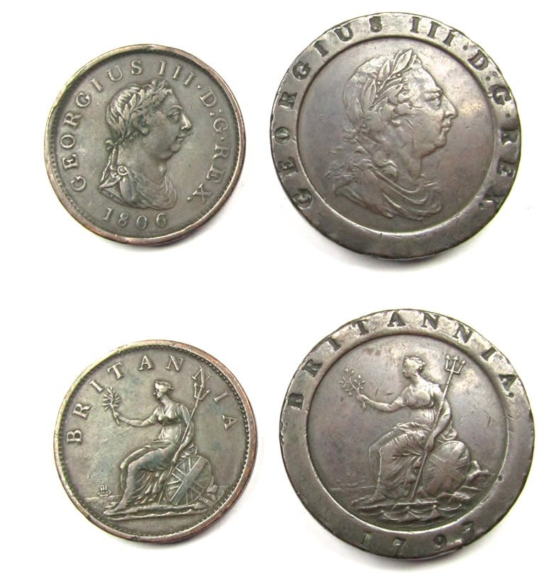 Lot 1269: George III copper coin group (2). Cartwheel twopence...
