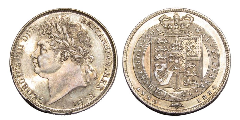 Lot 1271: George IV Shilling. 1824. NEF. Obverse: laureate head left,...