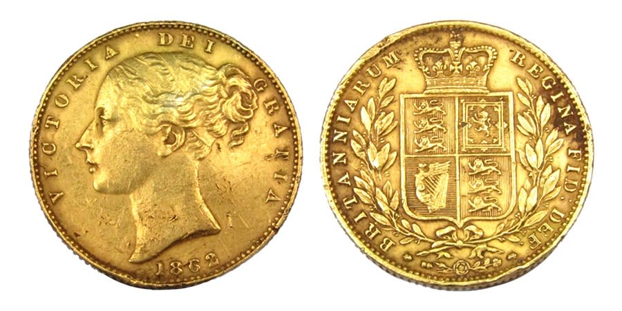 Lot 1278: Victoria Sovereign. Gold, 8.0g. 22.01 mm. 1862, third...