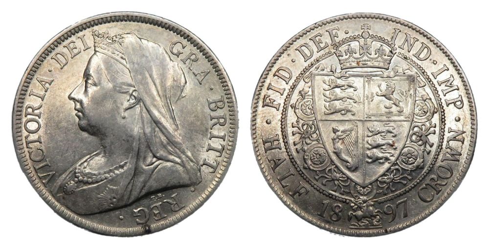 Lot 1280: Victoria Halfcrown, 1897. EF. Obverse: veiled head left....