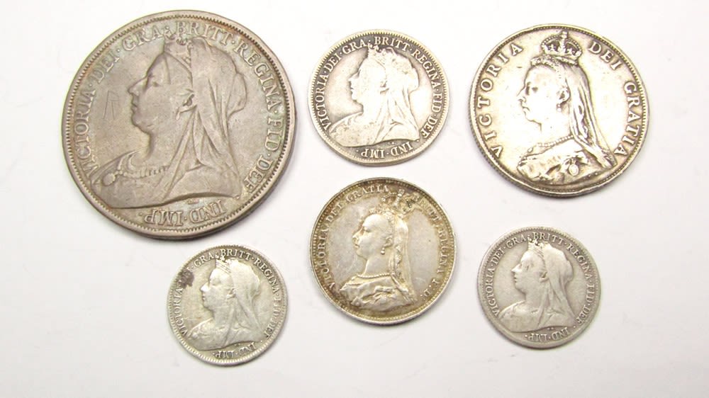 Lot 1286: Victoria coin group. (6). Crown, 1895. Florin, 1887....