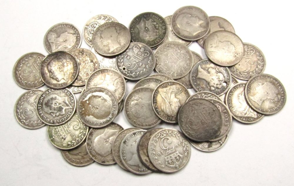 Lot 1288: British Milled, A selection of silver threepence pieces...