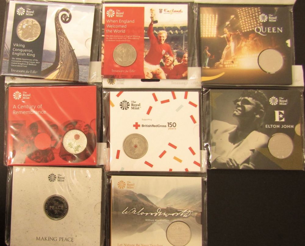 Lot 1301: Eight Royal Mint BUNC Five Pound Coins. Sealed...