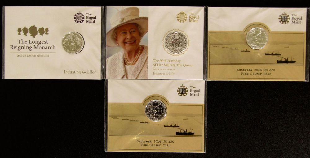 Lot 1343: Royal Mint Fine Silver Twenty Pound Coins in...