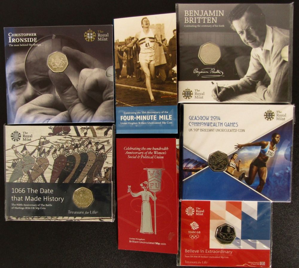 Lot 1346: Royal Mint BUNC Fifty Pence Coins in Presentation...