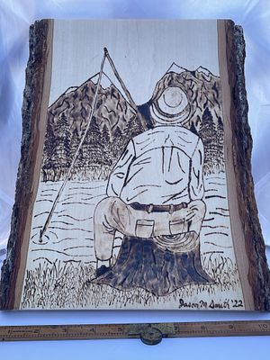 Contemporary Pyrography Artwork on Live-Edge Wood Slab, Signed Jason M Smith '22. A single 