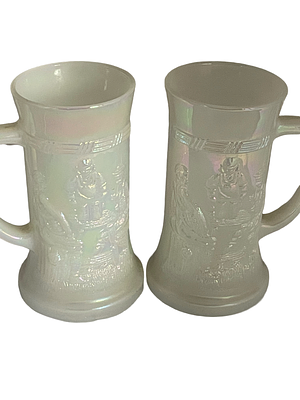 A Pair of Federal Glass Iridescent Milk Glass Tavern Scene Steins. A pair of vintage steins 