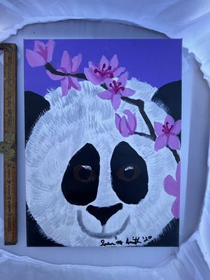 Contemporary Naive Acrylic Painting of a Giant Panda with Sakura, Signed Jason M. Smith 2020. An 
