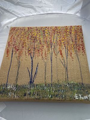 Impressionistic Abstract Autumnal Landscape Painting on Burlap. A singular piece of modern or 