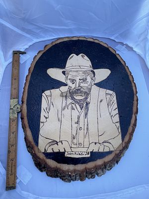 Pyrography Portrait of a Cowboy Signed Jason M. Smith '20. A single piece of contemporary folk 