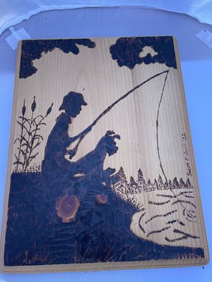 Pyrography Wood Plaque Signed Jason M. Smith '22, Fishing Scene. A single modern pyrography 